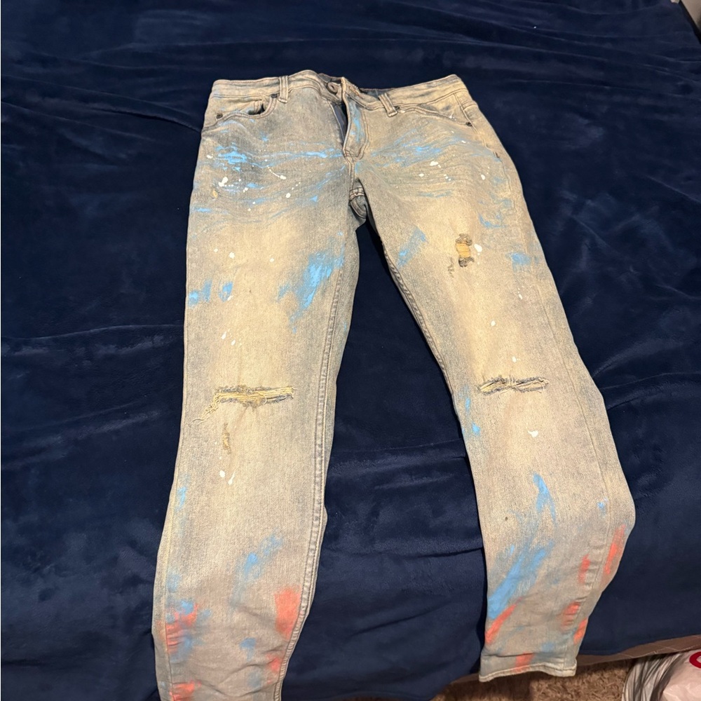 Stradivarius Blue and Red Straight Leg Jeans